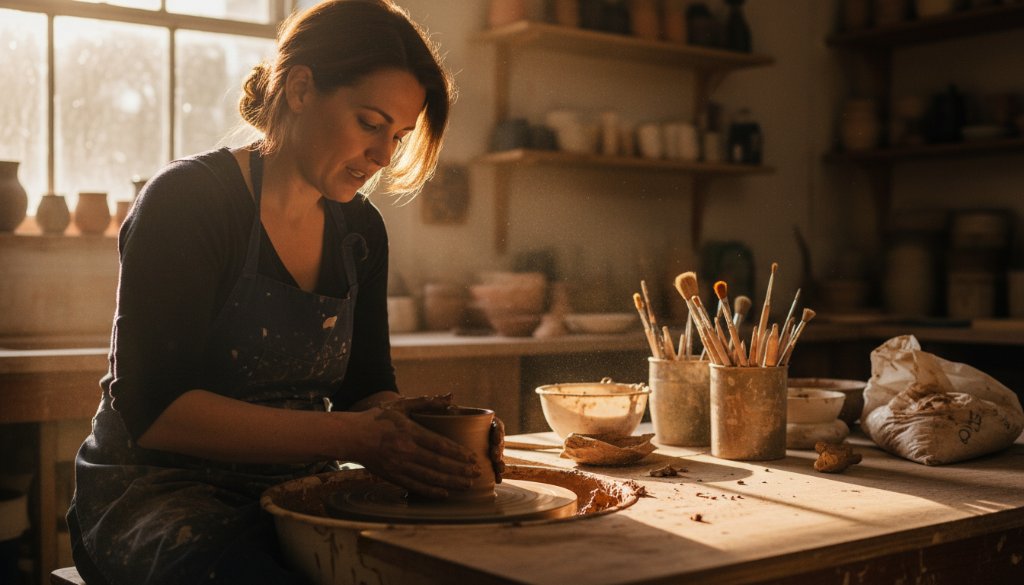 An epic moment of authentic Donvale editorial photography capturing a local artisan passionately crafting pottery in a sun-drenched Donvale studio, with dynamic shadows and highlights highlighting the intricate details, imbued with professional color grading.