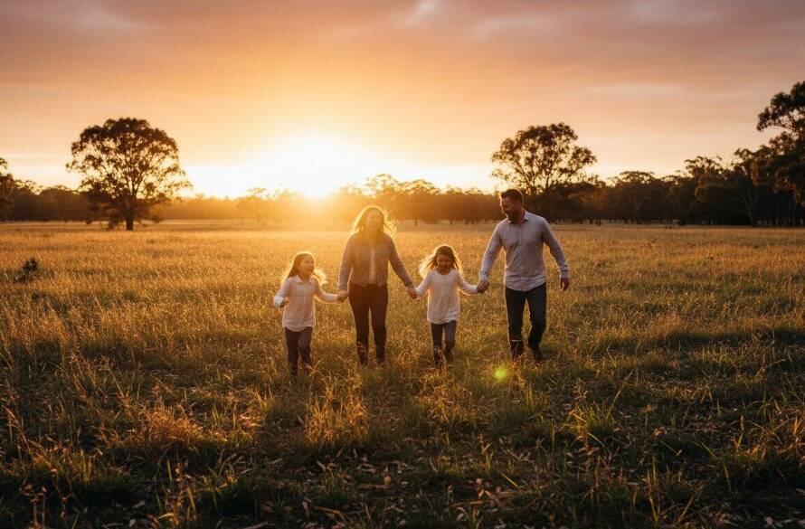 An authentic Donvale family photography capturing real moments, showcasing a family laughing joyfully during golden hour in a beautiful Donvale park, professionally captured with warm, cinematic lighting.