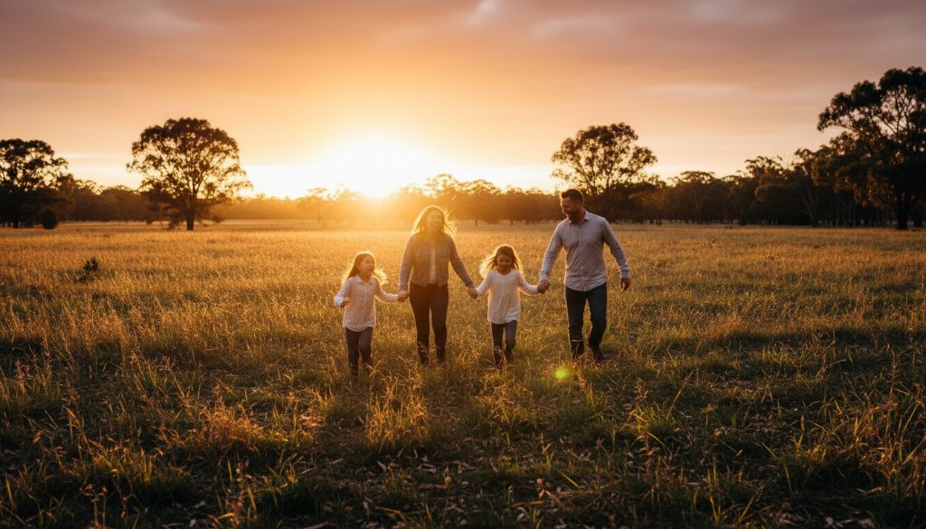 An authentic Donvale family photography capturing real moments, showcasing a family laughing joyfully during golden hour in a beautiful Donvale park, professionally captured with warm, cinematic lighting.