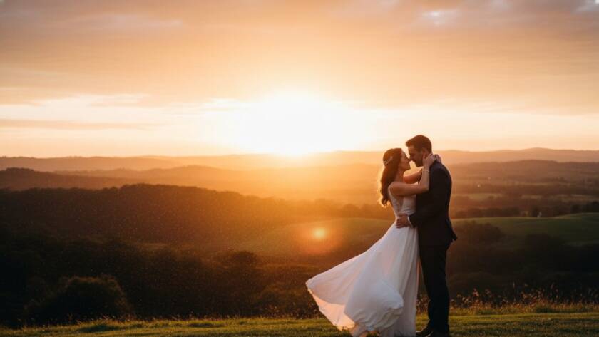 An intimate wide-angle shot capturing authentic Doveton wedding photography moments, featuring a newlywed couple embracing under the golden hour sun amidst the serene Dandenong foothills, their joy beautifully illuminated.