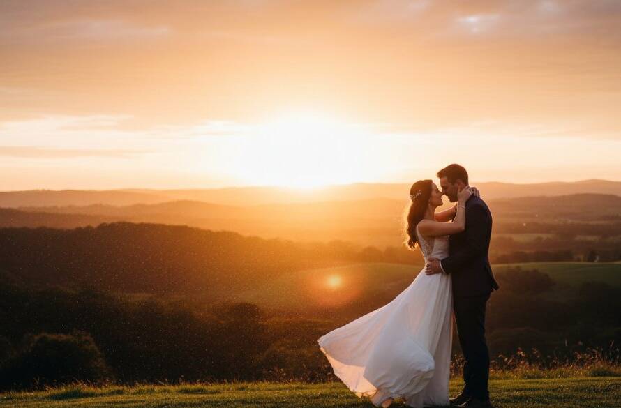 An intimate wide-angle shot capturing authentic Doveton wedding photography moments, featuring a newlywed couple embracing under the golden hour sun amidst the serene Dandenong foothills, their joy beautifully illuminated.