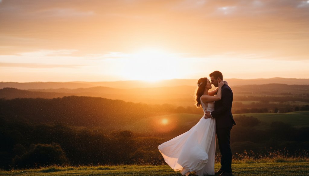 An intimate wide-angle shot capturing authentic Doveton wedding photography moments, featuring a newlywed couple embracing under the golden hour sun amidst the serene Dandenong foothills, their joy beautifully illuminated.