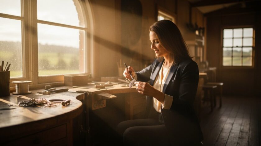 A dramatic, low-angle shot of a Drouin artisanal potter, hands covered in clay, intently shaping a pot on a wheel, with warm, natural light highlighting the texture of the clay and the focused expression. The scene captures the essence of authentic Drouin small business branding photography.