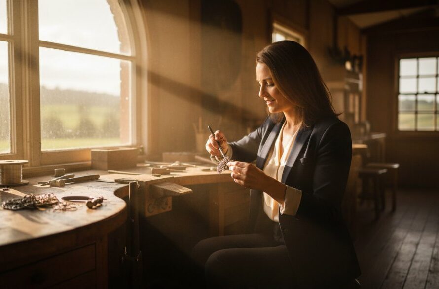 A dramatic, low-angle shot of a Drouin artisanal potter, hands covered in clay, intently shaping a pot on a wheel, with warm, natural light highlighting the texture of the clay and the focused expression. The scene captures the essence of authentic Drouin small business branding photography.