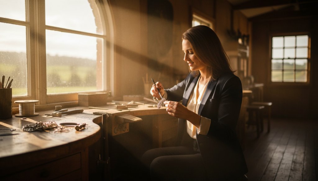 A dramatic, low-angle shot of a Drouin artisanal potter, hands covered in clay, intently shaping a pot on a wheel, with warm, natural light highlighting the texture of the clay and the focused expression. The scene captures the essence of authentic Drouin small business branding photography.