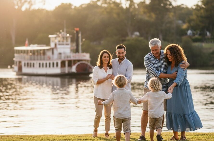 An authentic Echuca family photography experience captured at sunset, showing a family laughing joyfully by the Murray River, with warm golden light bathing their faces, reflecting the beautiful connection and happiness of the moment.
