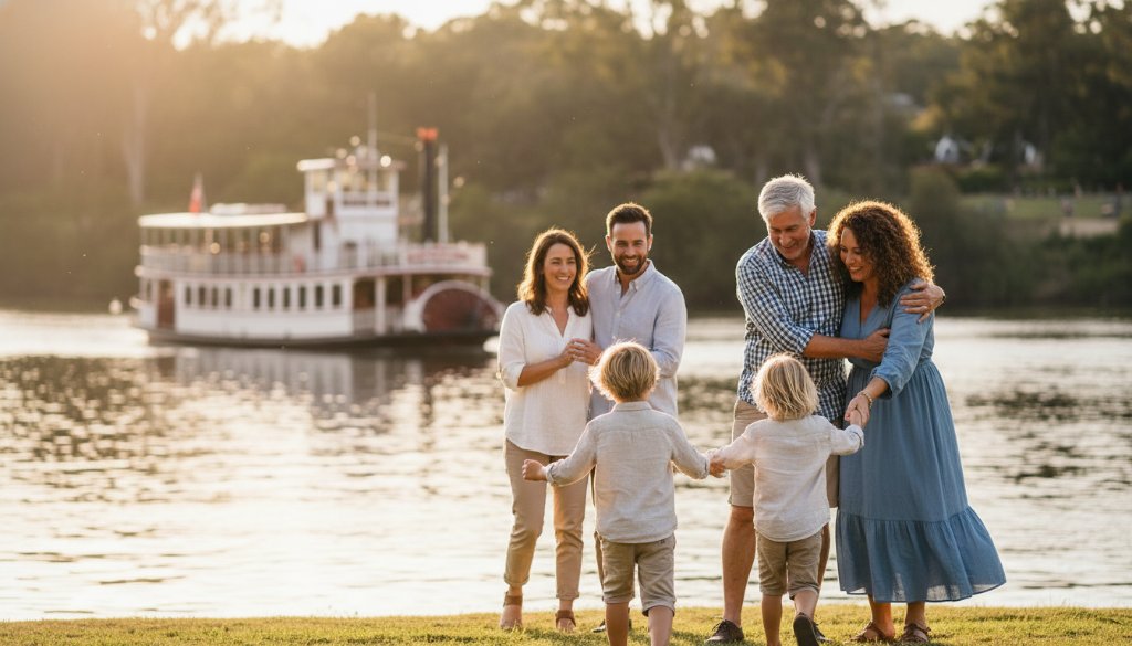 An authentic Echuca family photography experience captured at sunset, showing a family laughing joyfully by the Murray River, with warm golden light bathing their faces, reflecting the beautiful connection and happiness of the moment.