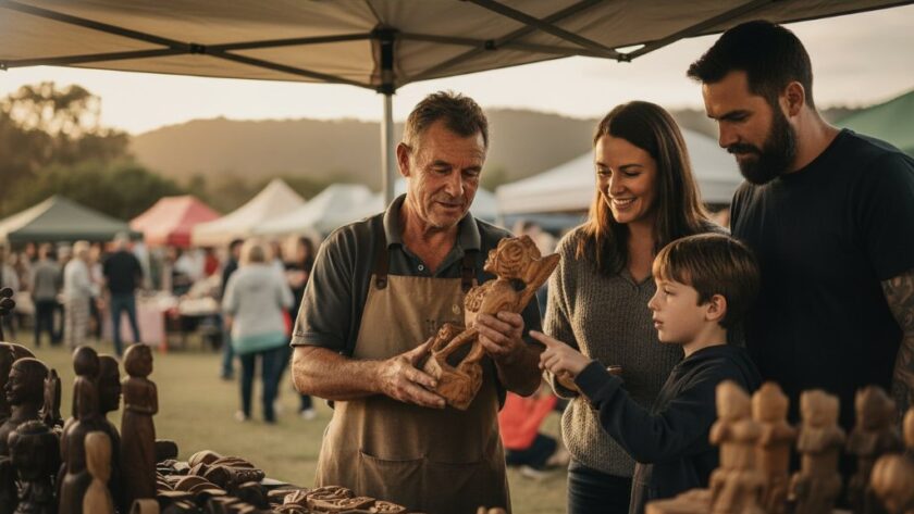 An epic, emotionally resonant photograph capturing an authentic editorial photography Churchill Vic community stories moment, depicting a local artisan proudly showcasing their handcrafted work at a bustling Churchill market, with dramatic natural light highlighting intricate details and the vibrant community atmosphere in the background.
