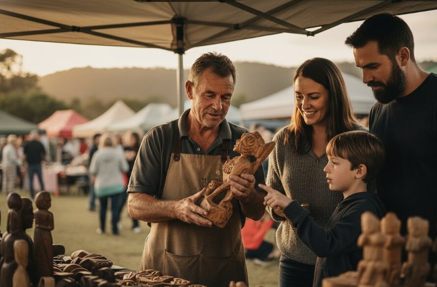 An epic, emotionally resonant photograph capturing an authentic editorial photography Churchill Vic community stories moment, depicting a local artisan proudly showcasing their handcrafted work at a bustling Churchill market, with dramatic natural light highlighting intricate details and the vibrant community atmosphere in the background.