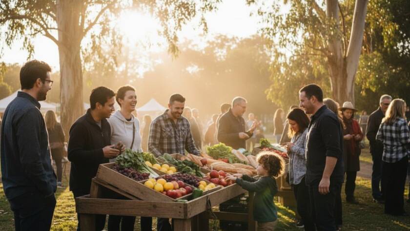 An epic moment captured in authentic editorial photography Croydon Hills community features, showing a vibrant local market scene at dusk with dramatic golden hour lighting, people interacting dynamically, professionally colour-graded.