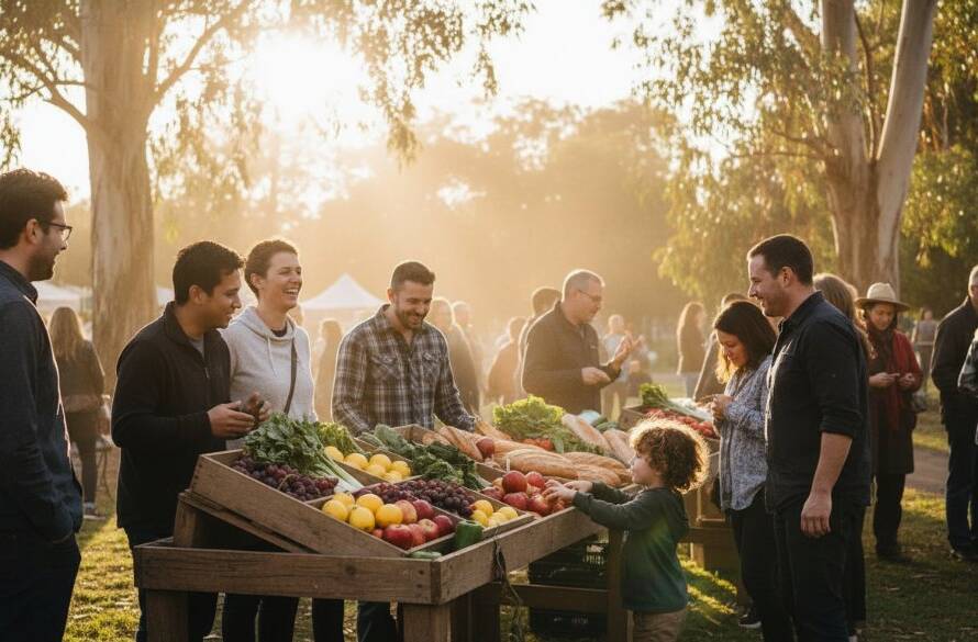 An epic moment captured in authentic editorial photography Croydon Hills community features, showing a vibrant local market scene at dusk with dramatic golden hour lighting, people interacting dynamically, professionally colour-graded.