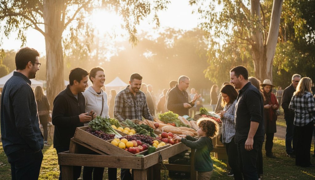 An epic moment captured in authentic editorial photography Croydon Hills community features, showing a vibrant local market scene at dusk with dramatic golden hour lighting, people interacting dynamically, professionally colour-graded.