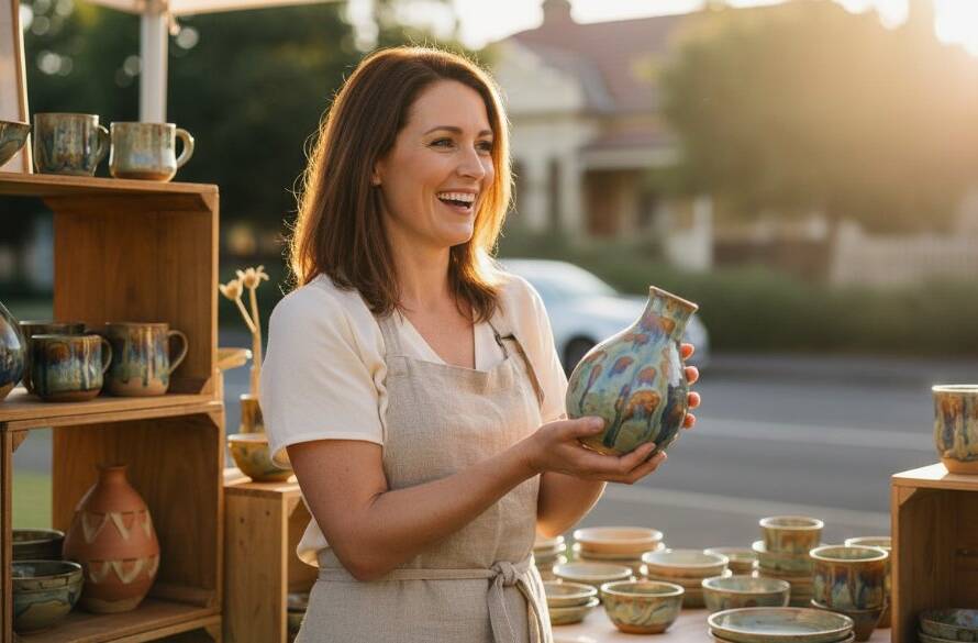 A vibrant and authentic Elsternwick branding photography for local businesses scene, featuring a creative entrepreneur laughing genuinely while working in a stylish Elsternwick cafe, bathed in warm, golden hour light, capturing a candid and professional 'epic moment'.