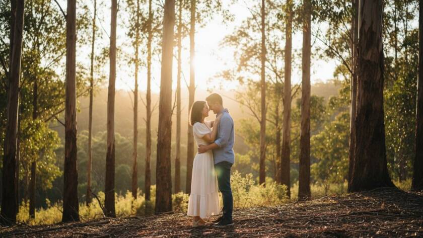A breathtaking, wide shot capturing authentic engagement photography Croydon North Warrien Reserve, showing a couple embracing passionately at sunset with dramatic rays of light piercing through the gum trees, creating a truly epic and romantic moment.