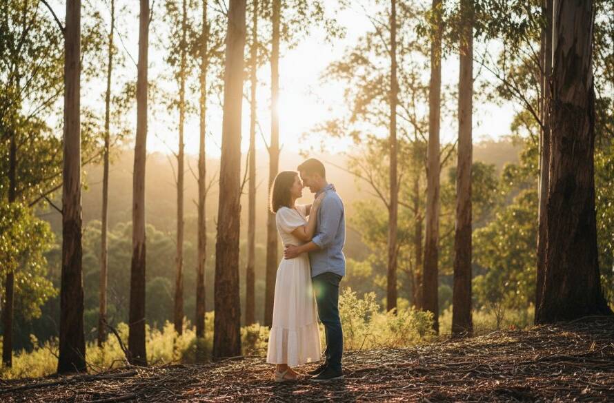 A breathtaking, wide shot capturing authentic engagement photography Croydon North Warrien Reserve, showing a couple embracing passionately at sunset with dramatic rays of light piercing through the gum trees, creating a truly epic and romantic moment.
