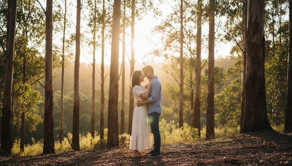 A breathtaking, wide shot capturing authentic engagement photography Croydon North Warrien Reserve, showing a couple embracing passionately at sunset with dramatic rays of light piercing through the gum trees, creating a truly epic and romantic moment.