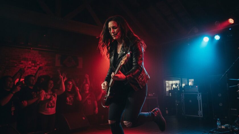 An electrifying close-up shot of a lead guitarist mid-shred, bathed in dramatic red and blue stage lights at a vibrant Eureka Victoria concert photography event, capturing the authentic Eureka Victoria concert photography energy.