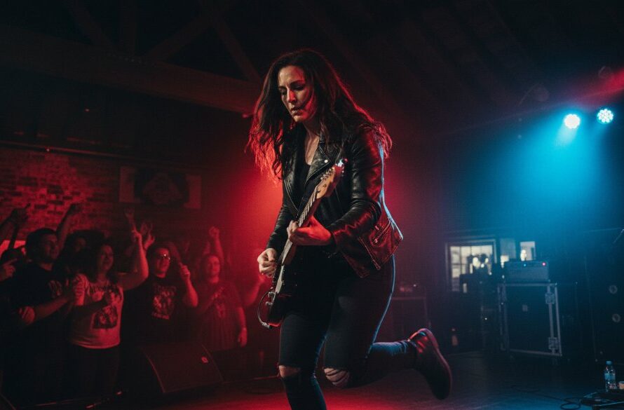 An electrifying close-up shot of a lead guitarist mid-shred, bathed in dramatic red and blue stage lights at a vibrant Eureka Victoria concert photography event, capturing the authentic Eureka Victoria concert photography energy.