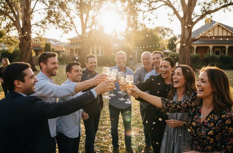 An intimate, candid shot capturing the joyous laughter of guests at an outdoor garden party in Surrey Hills, Victoria, illuminated by the warm glow of string lights at dusk, epitomising authentic event photography in Surrey Hills Victoria.