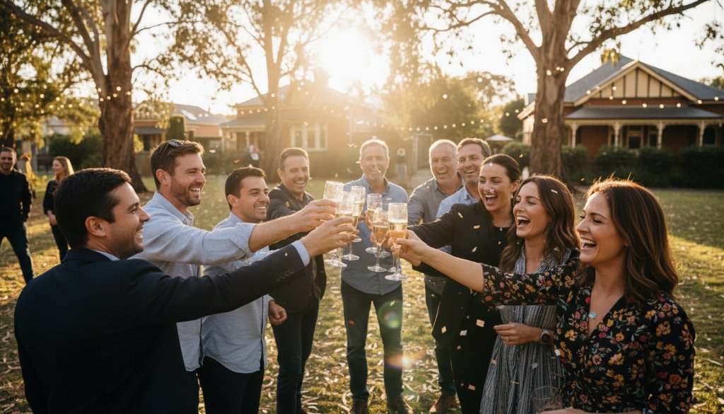 An intimate, candid shot capturing the joyous laughter of guests at an outdoor garden party in Surrey Hills, Victoria, illuminated by the warm glow of string lights at dusk, epitomising authentic event photography in Surrey Hills Victoria.