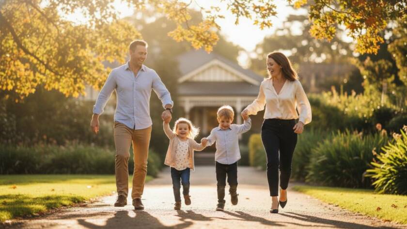 A heartwarming and authentic family candid photography Balwyn moment, featuring a young family laughing spontaneously together in Maranoa Gardens under soft morning light, with lush greenery and elegant Balwyn architecture in the background, evoking pure connection and genuine joy.