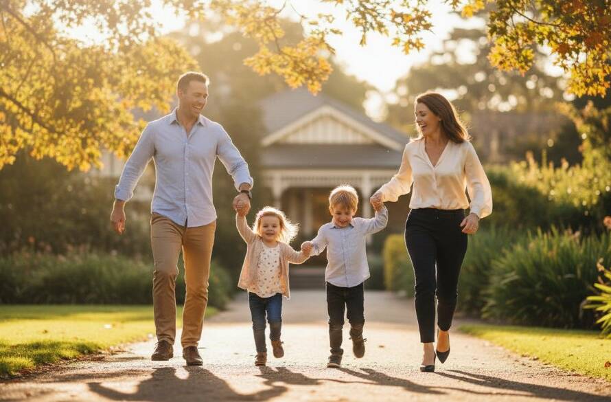 A heartwarming and authentic family candid photography Balwyn moment, featuring a young family laughing spontaneously together in Maranoa Gardens under soft morning light, with lush greenery and elegant Balwyn architecture in the background, evoking pure connection and genuine joy.
