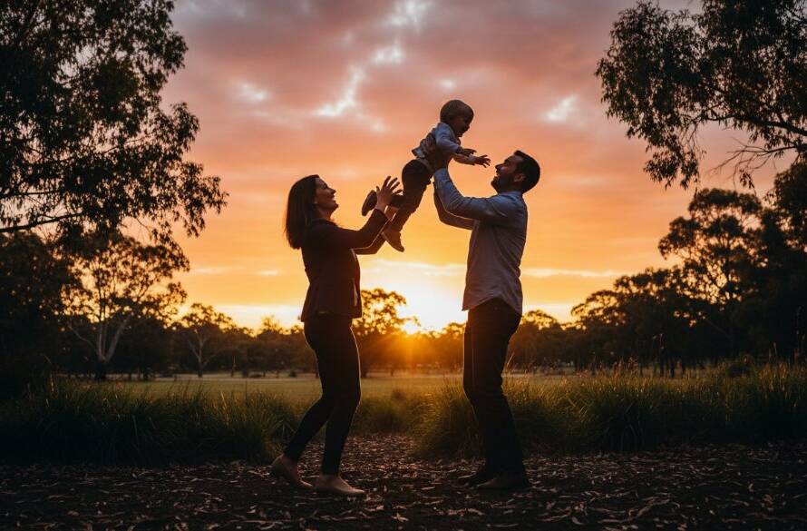 A heartwarming, professional photograph capturing authentic family moments in Keilor Park, featuring parents joyfully swinging their child at sunset, framed by golden light and lush parkland.
