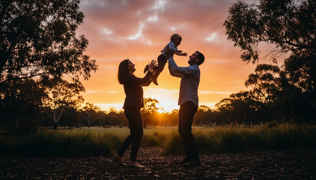 A heartwarming, professional photograph capturing authentic family moments in Keilor Park, featuring parents joyfully swinging their child at sunset, framed by golden light and lush parkland.