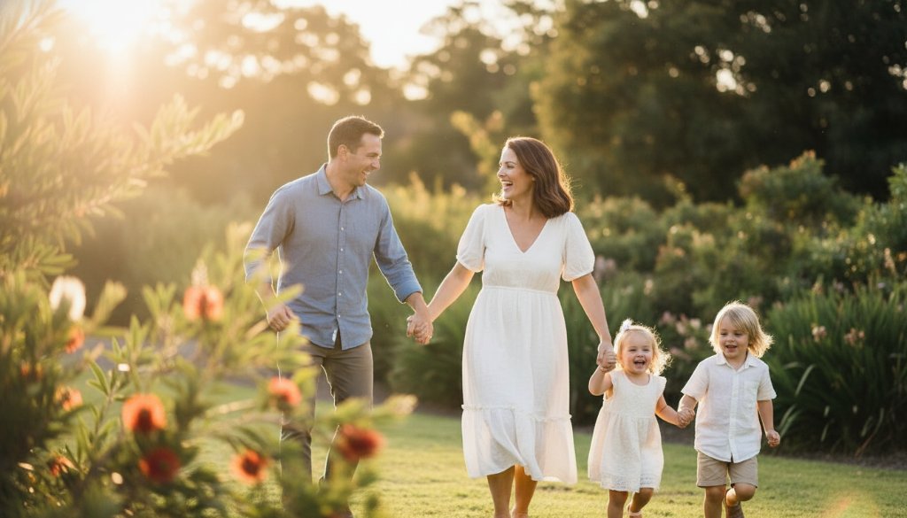 A vibrant, professional photograph showcasing an authentic family photography Balwyn North capturing genuine moments. A happy family of four, parents and two children, laughing and holding hands during golden hour in a sun-dappled Balwyn North park, framed by native Australian flora, with dramatic cinematic lighting.