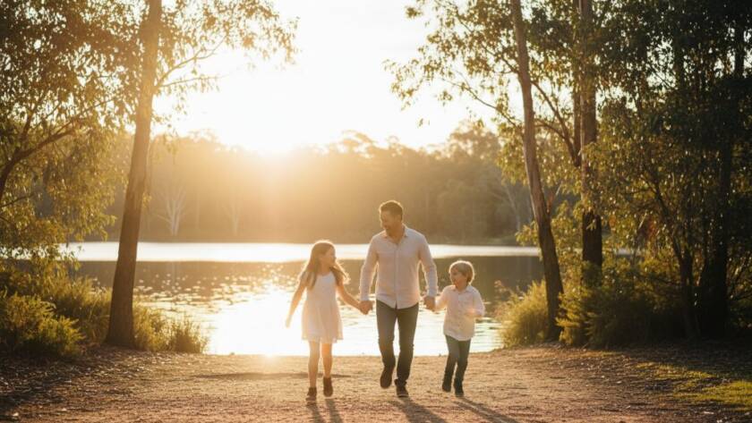Authentic family photography Blackburn Lake moments captured as a family of four laughs joyfully by the lake at sunset, golden light illuminating their faces, showing genuine connection and happiness.