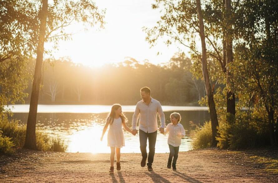 Authentic family photography Blackburn Lake moments captured as a family of four laughs joyfully by the lake at sunset, golden light illuminating their faces, showing genuine connection and happiness.
