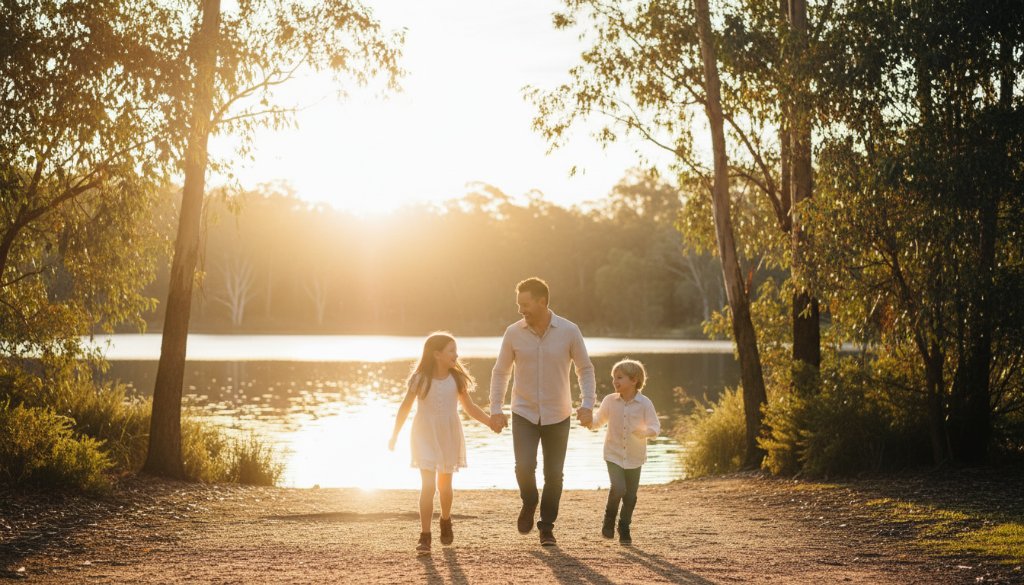 Authentic family photography Blackburn Lake moments captured as a family of four laughs joyfully by the lake at sunset, golden light illuminating their faces, showing genuine connection and happiness.