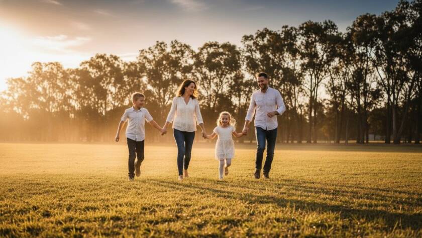 An emotionally resonant, wide-angle cinematic photograph of an Australian family laughing and playing joyfully at sunset in a leafy Braeside park, sunlight filtering through eucalyptus trees, highlighting their genuine connection. The focus keyphrase is 'authentic family photography Braeside Victoria'.