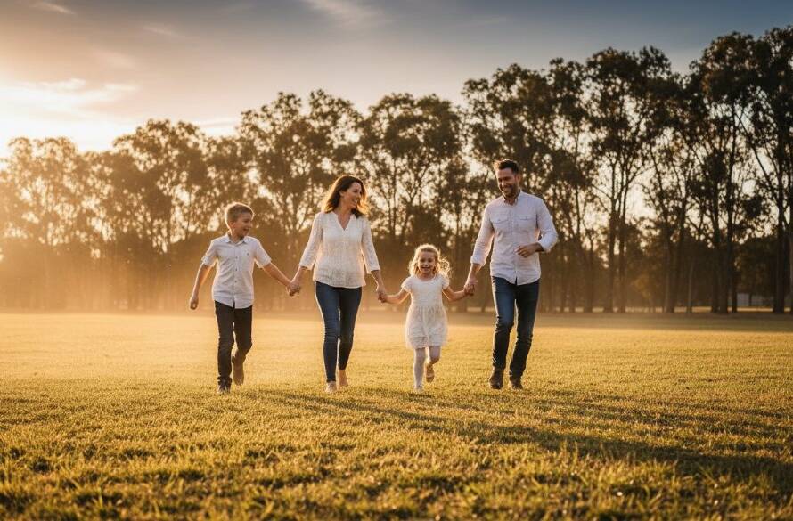 An emotionally resonant, wide-angle cinematic photograph of an Australian family laughing and playing joyfully at sunset in a leafy Braeside park, sunlight filtering through eucalyptus trees, highlighting their genuine connection. The focus keyphrase is 'authentic family photography Braeside Victoria'.