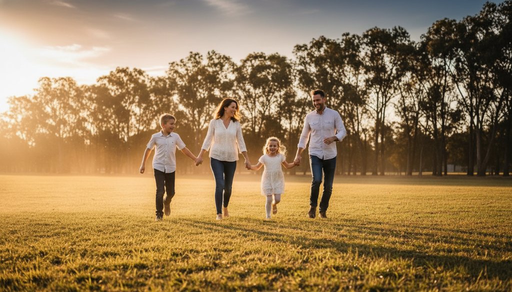 An emotionally resonant, wide-angle cinematic photograph of an Australian family laughing and playing joyfully at sunset in a leafy Braeside park, sunlight filtering through eucalyptus trees, highlighting their genuine connection. The focus keyphrase is 'authentic family photography Braeside Victoria'.