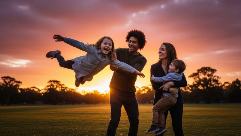 A warm, cinematic photograph capturing a family laughing joyfully together amidst the lush green backdrop of Koornang Park in Carnegie, Victoria, during a sunset 'Authentic family photography Carnegie Victoria' session. The father is playfully lifting a small child, while the mother and an older sibling watch with beaming smiles, all bathed in golden hour light, showing genuine connection and happiness.