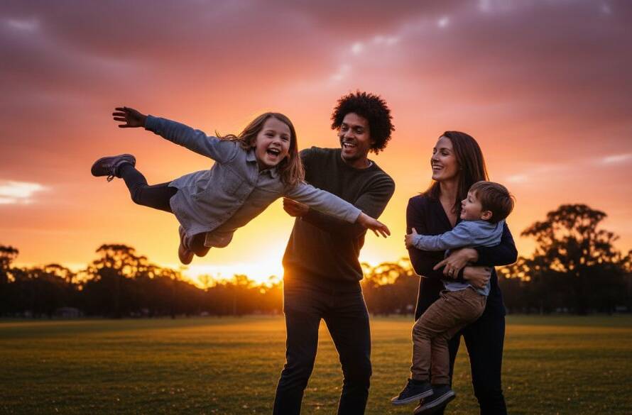 A warm, cinematic photograph capturing a family laughing joyfully together amidst the lush green backdrop of Koornang Park in Carnegie, Victoria, during a sunset 'Authentic family photography Carnegie Victoria' session. The father is playfully lifting a small child, while the mother and an older sibling watch with beaming smiles, all bathed in golden hour light, showing genuine connection and happiness.