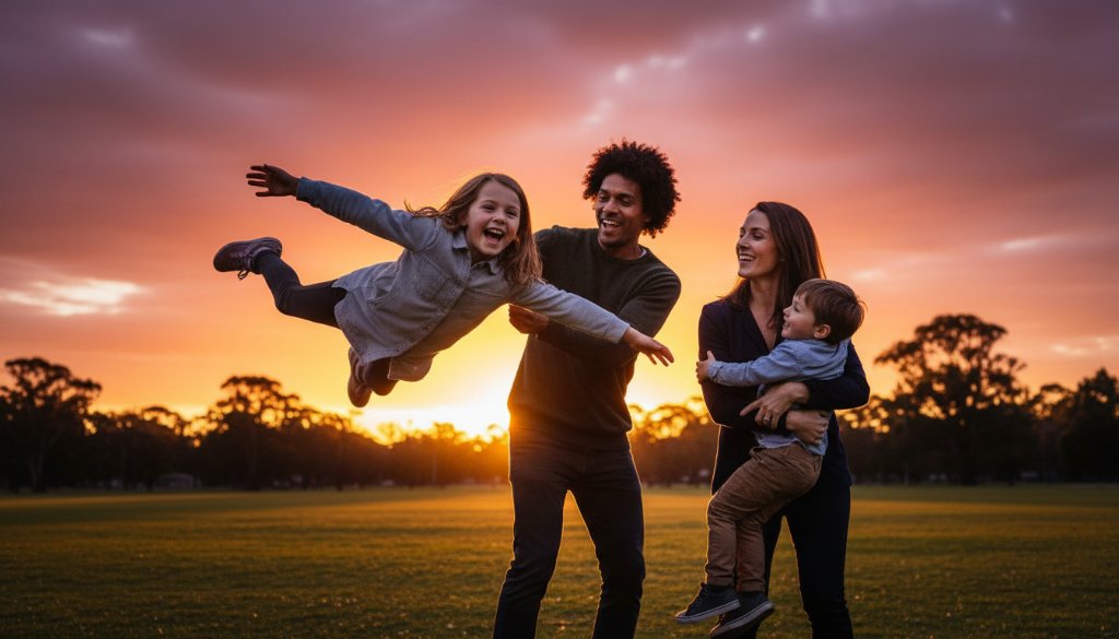 A warm, cinematic photograph capturing a family laughing joyfully together amidst the lush green backdrop of Koornang Park in Carnegie, Victoria, during a sunset 'Authentic family photography Carnegie Victoria' session. The father is playfully lifting a small child, while the mother and an older sibling watch with beaming smiles, all bathed in golden hour light, showing genuine connection and happiness.
