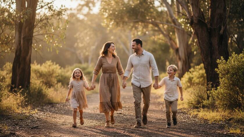An 'epic moment' capture of an Australian family laughing joyfully amidst the golden hour glow of the bushland near 'Authentic family photography Croydon bushland memories', with eucalyptus trees silhouetted against a warm, dramatic sky, showcasing genuine connection and happiness.