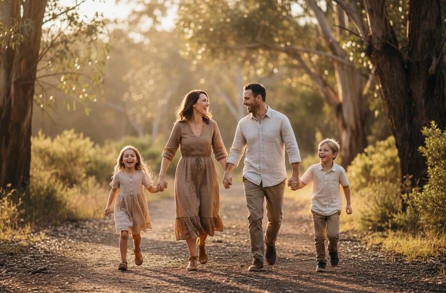 An 'epic moment' capture of an Australian family laughing joyfully amidst the golden hour glow of the bushland near 'Authentic family photography Croydon bushland memories', with eucalyptus trees silhouetted against a warm, dramatic sky, showcasing genuine connection and happiness.