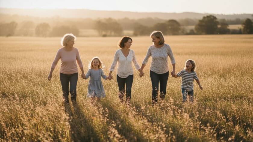 An emotional, wide-angle shot of a family laughing joyfully, silhouetted against a golden hour sunset in a Deer Park park, showcasing authentic family photography Deer Park VIC, with professional colour grading.