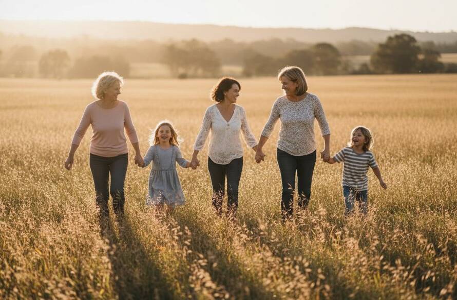 An emotional, wide-angle shot of a family laughing joyfully, silhouetted against a golden hour sunset in a Deer Park park, showcasing authentic family photography Deer Park VIC, with professional colour grading.