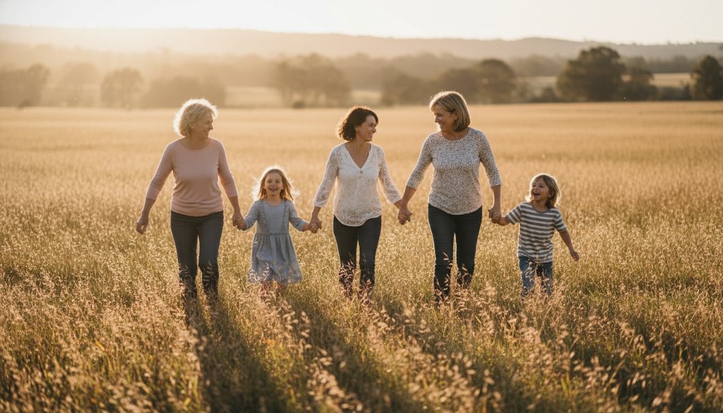 An emotional, wide-angle shot of a family laughing joyfully, silhouetted against a golden hour sunset in a Deer Park park, showcasing authentic family photography Deer Park VIC, with professional colour grading.