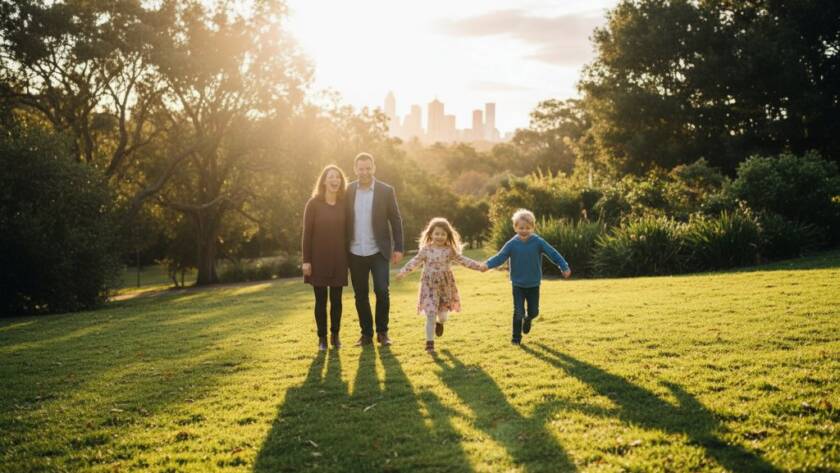 A candid, sun-drenched moment of authentic family photography Doncaster, showing parents laughing joyfully with their two young children amidst golden hour light in a picturesque Doncaster park, capturing a cherished memory with genuine emotion and dramatic lens flare.