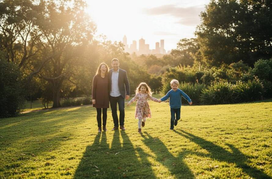 A candid, sun-drenched moment of authentic family photography Doncaster, showing parents laughing joyfully with their two young children amidst golden hour light in a picturesque Doncaster park, capturing a cherished memory with genuine emotion and dramatic lens flare.