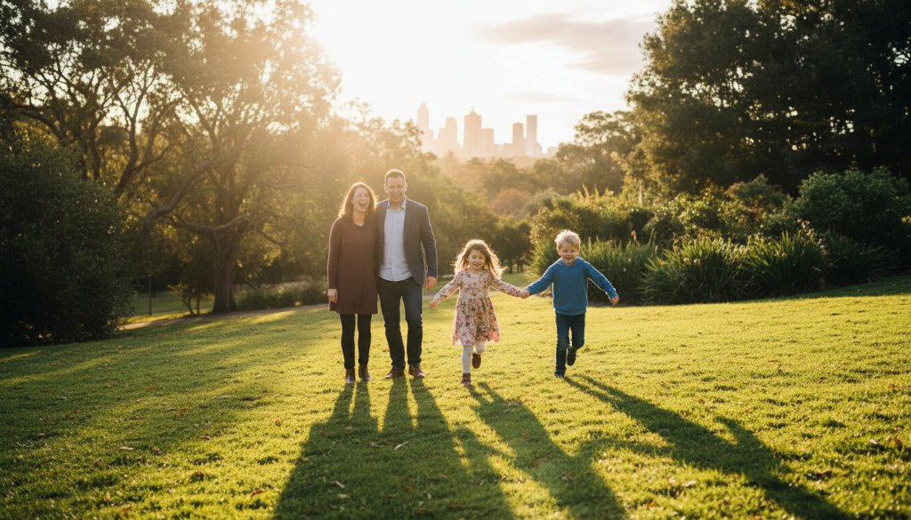A candid, sun-drenched moment of authentic family photography Doncaster, showing parents laughing joyfully with their two young children amidst golden hour light in a picturesque Doncaster park, capturing a cherished memory with genuine emotion and dramatic lens flare.
