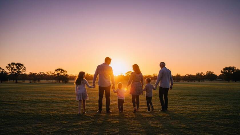 An 'authentic family photography Keysborough captures' an epic moment of a family silhouetted against a dramatic sunset over a Keysborough park, laughing and embracing, professionally lit and color-graded.