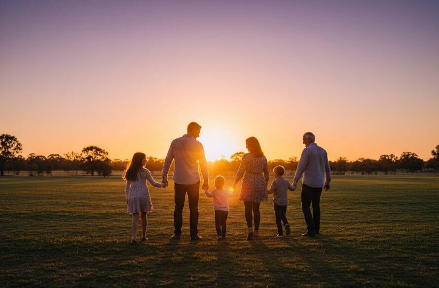 An 'authentic family photography Keysborough captures' an epic moment of a family silhouetted against a dramatic sunset over a Keysborough park, laughing and embracing, professionally lit and color-graded.