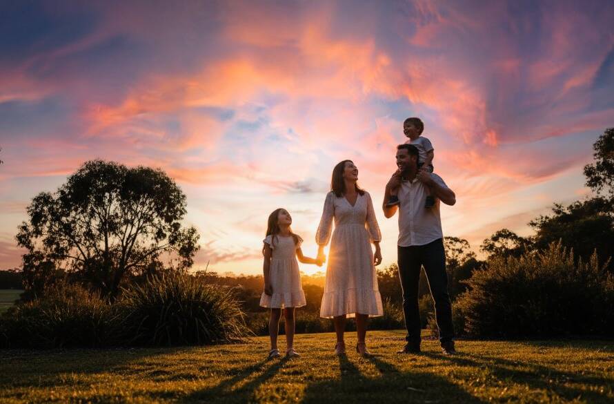 A breathtaking wide shot of an Australian family of four (two parents, two young children) embracing and laughing joyfully during golden hour in a lush park in Knoxfield, Victoria, bathed in dramatic backlight, capturing an authentic family photography Knoxfield epic moment. The scene is professionally color-graded with warm, vibrant tones, emphasizing their genuine connection.