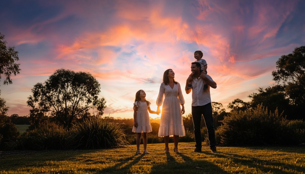 A breathtaking wide shot of an Australian family of four (two parents, two young children) embracing and laughing joyfully during golden hour in a lush park in Knoxfield, Victoria, bathed in dramatic backlight, capturing an authentic family photography Knoxfield epic moment. The scene is professionally color-graded with warm, vibrant tones, emphasizing their genuine connection.